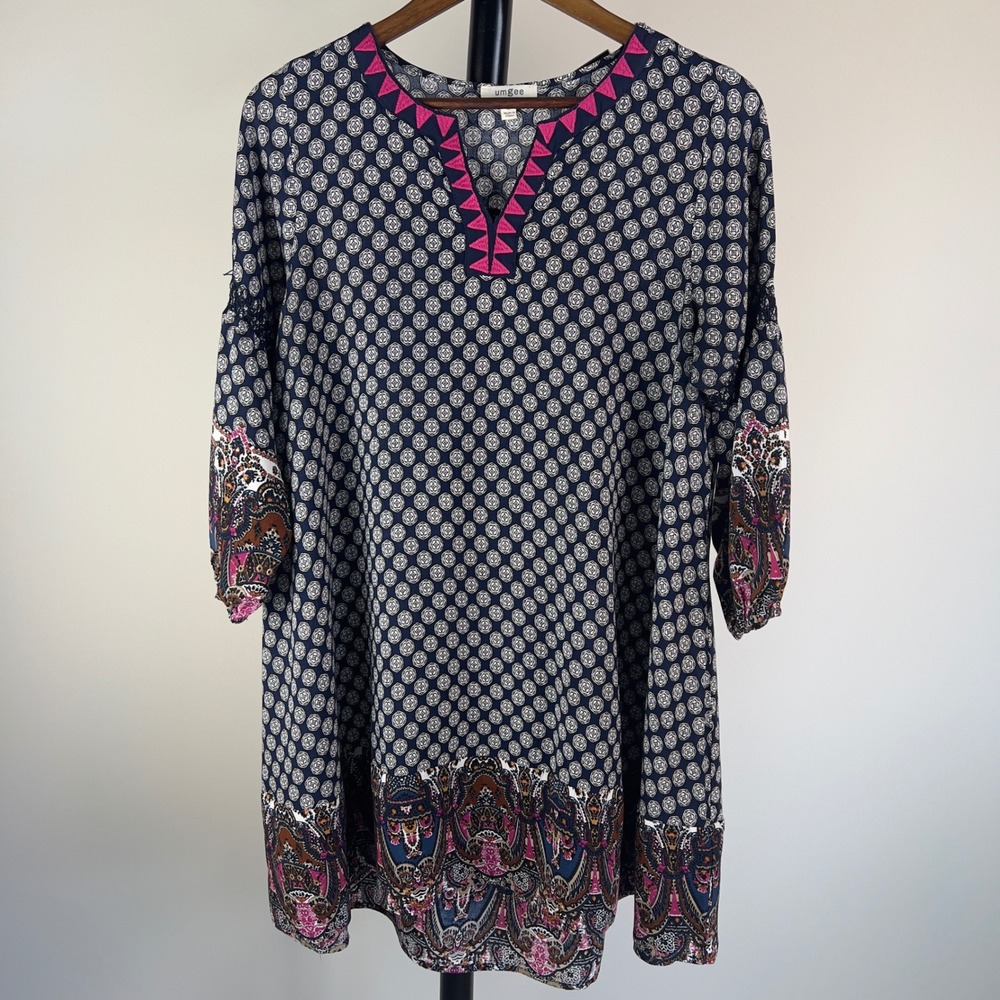 Umgee Boho Medallion Paisley Tunic Dress Navy Pink Swing Medium